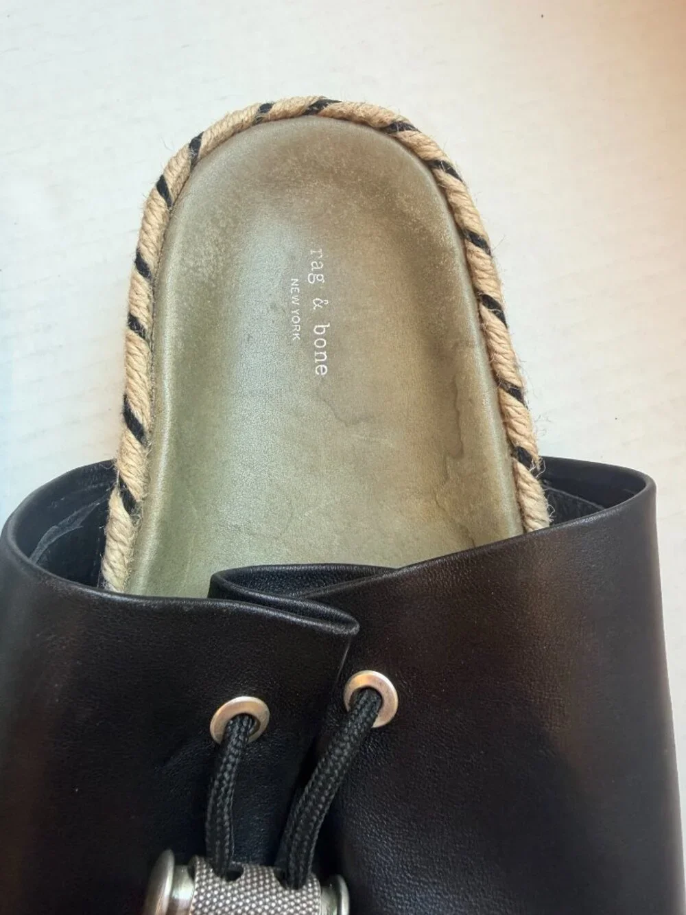 rag & bone Eva Espadrille Black Leather Slide Sandals Size 38